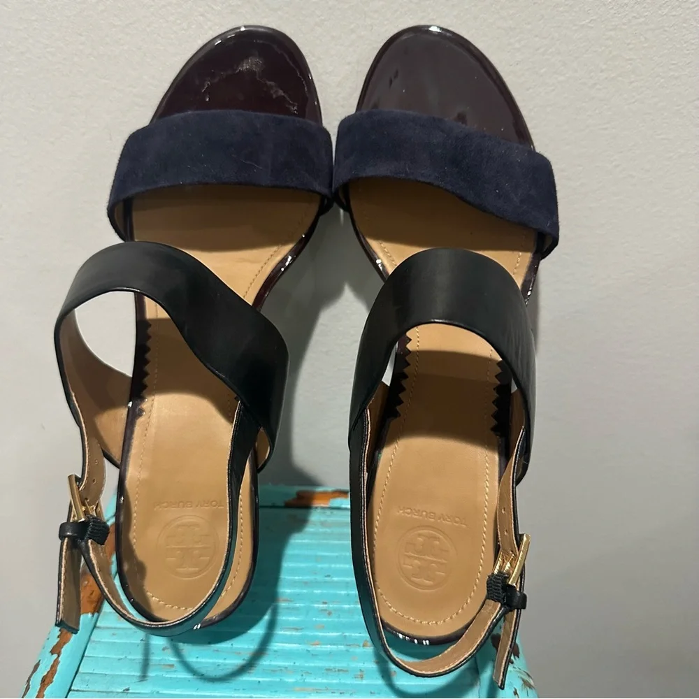 Tory Burch Gigi T Logo Black Midnight Blue Leather Sandal Size 9.5